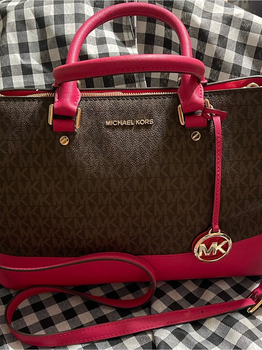 Michael Kors Brown Signature Satchel with Pink Trim